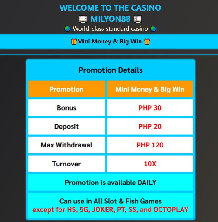 Double your minimum of 50 Pesos deposit in Philippines Casino